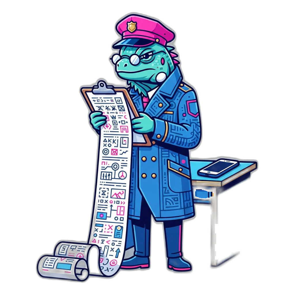Iguana inspector reading a long permissions list for a 6E Club APK on a clipboard
