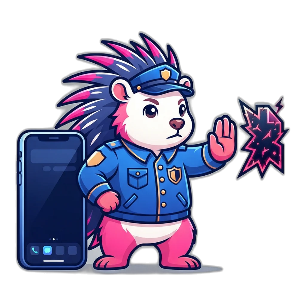 Porcupine standing guard between a phone and a spiky fake file