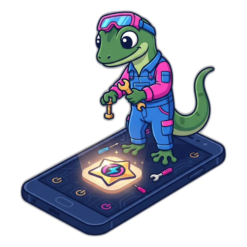 Gecko engineer tightening a tiny wrench on a phone next to a new app icon