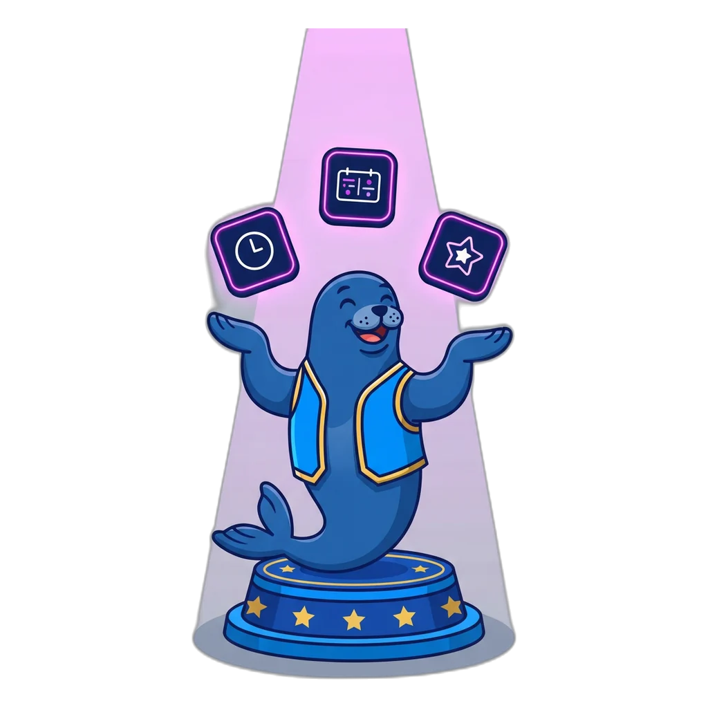 Seal juggling three glowing tiles for rooms, results and rank on a small stage
