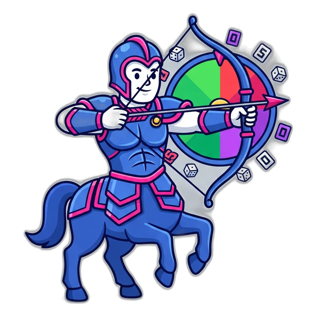 Centaur archer aiming at a spinning colour wheel that stands for many colour prediction games