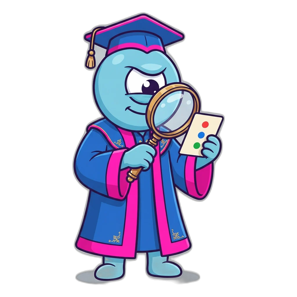 Cyclops reading a game rules card closely through a huge brass magnifier