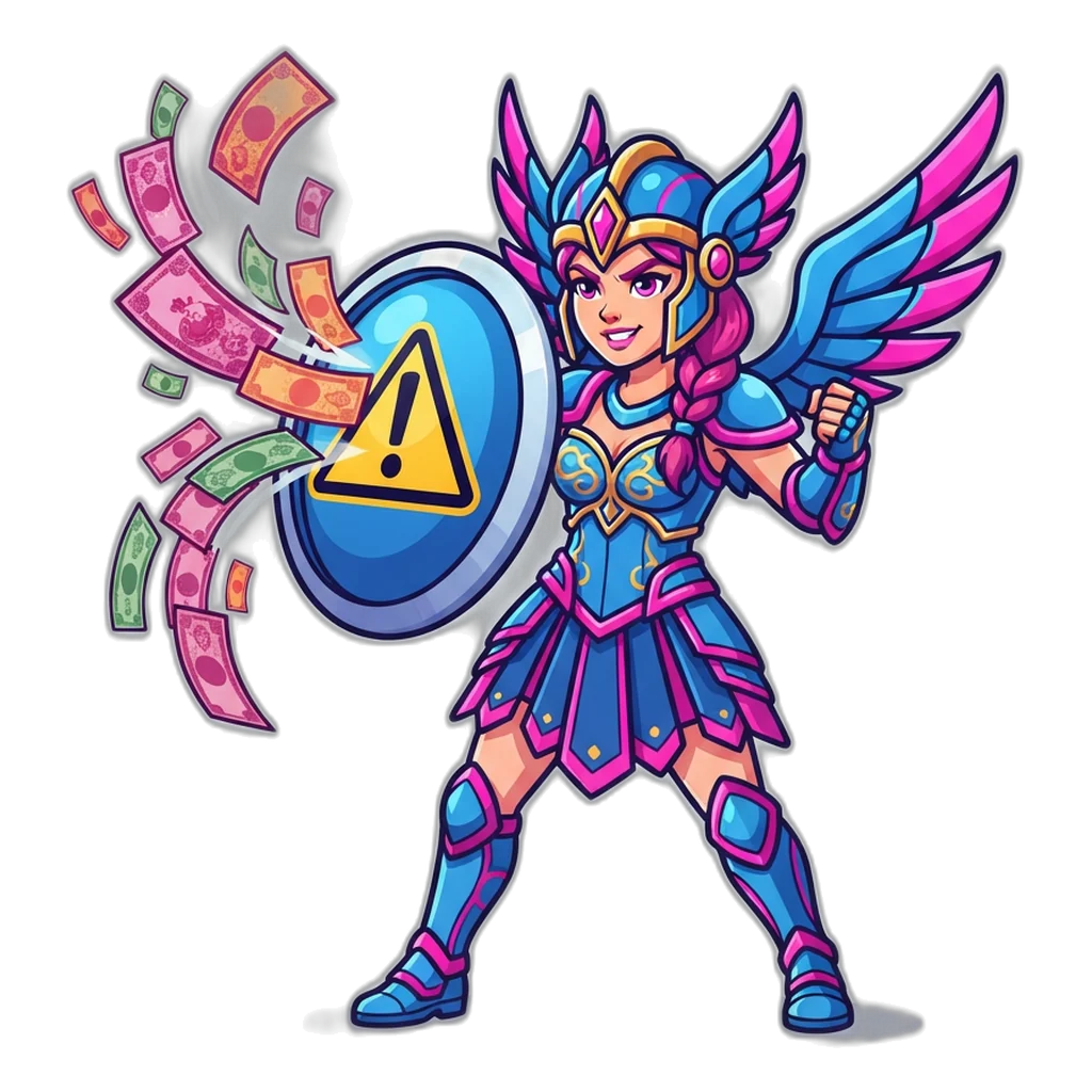 Valkyrie raising a shield with a warning sign against money versions of colour rounds