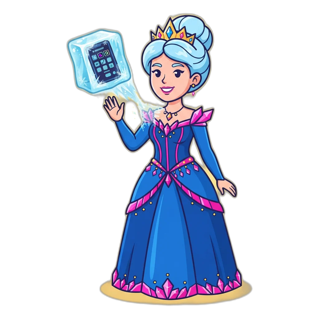 Ice queen freezing a fake helpline phone number into a block of ice