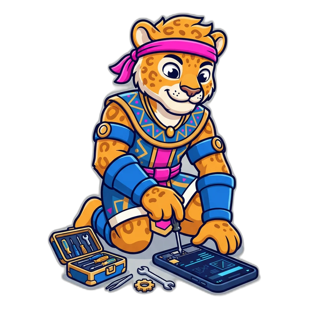 Jaguar warrior repairing a smartphone with a small toolkit on a workbench