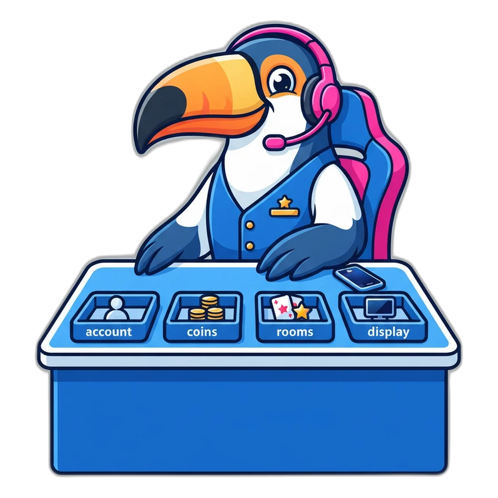Toucan help-desk agent with a headset sorting 6E Club customer care questions into four trays
