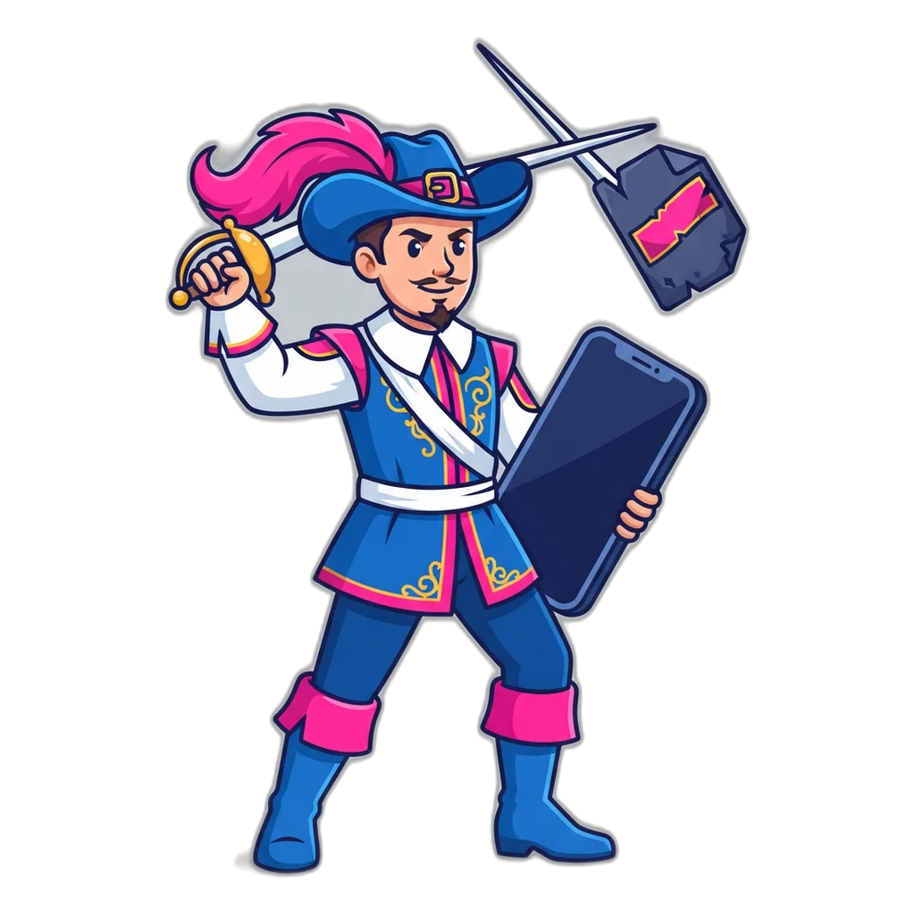 Musketeer with a sword blocking a suspicious app file from reaching a phone