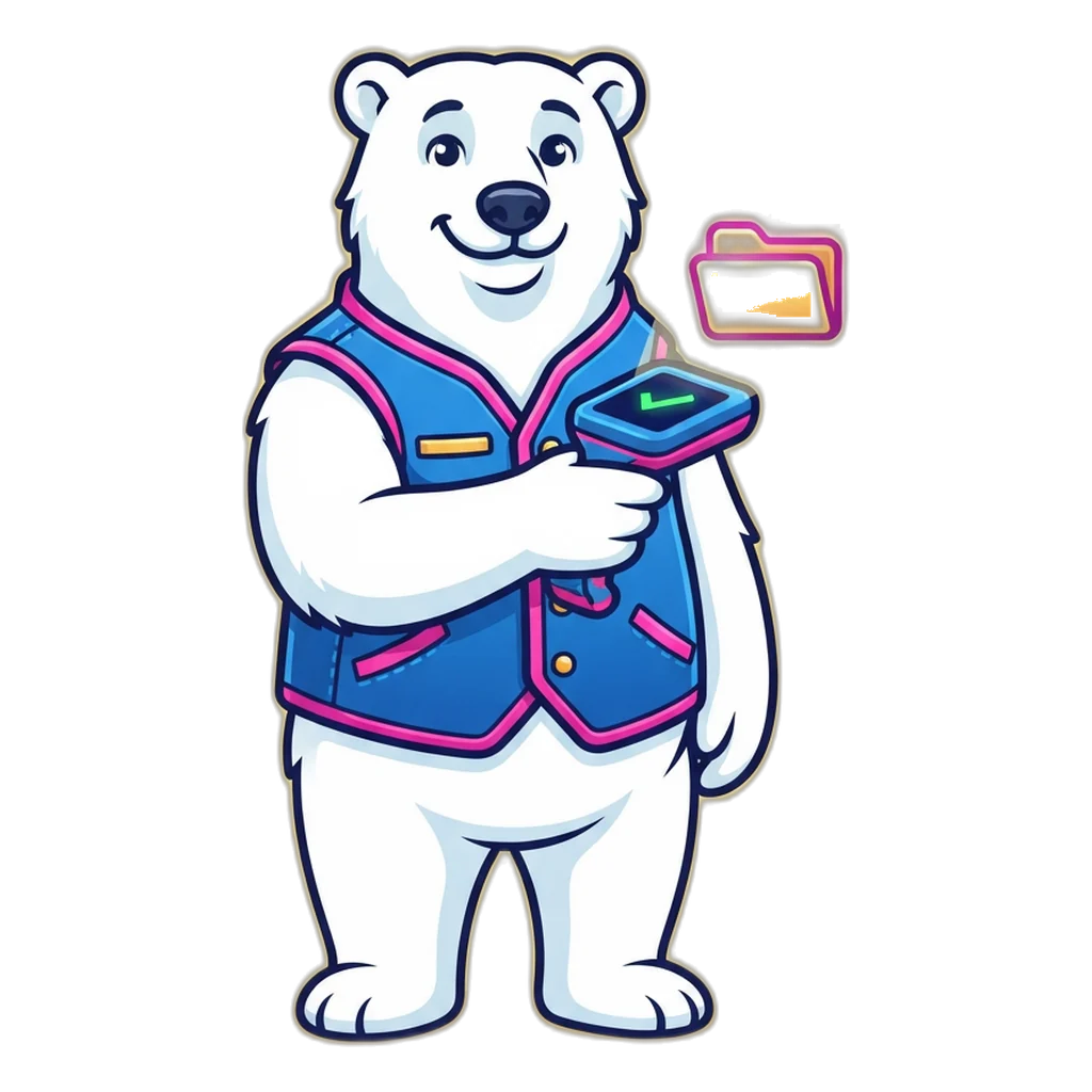 Polar bear scanning a suspicious file with a handheld scanner on a phone screen
