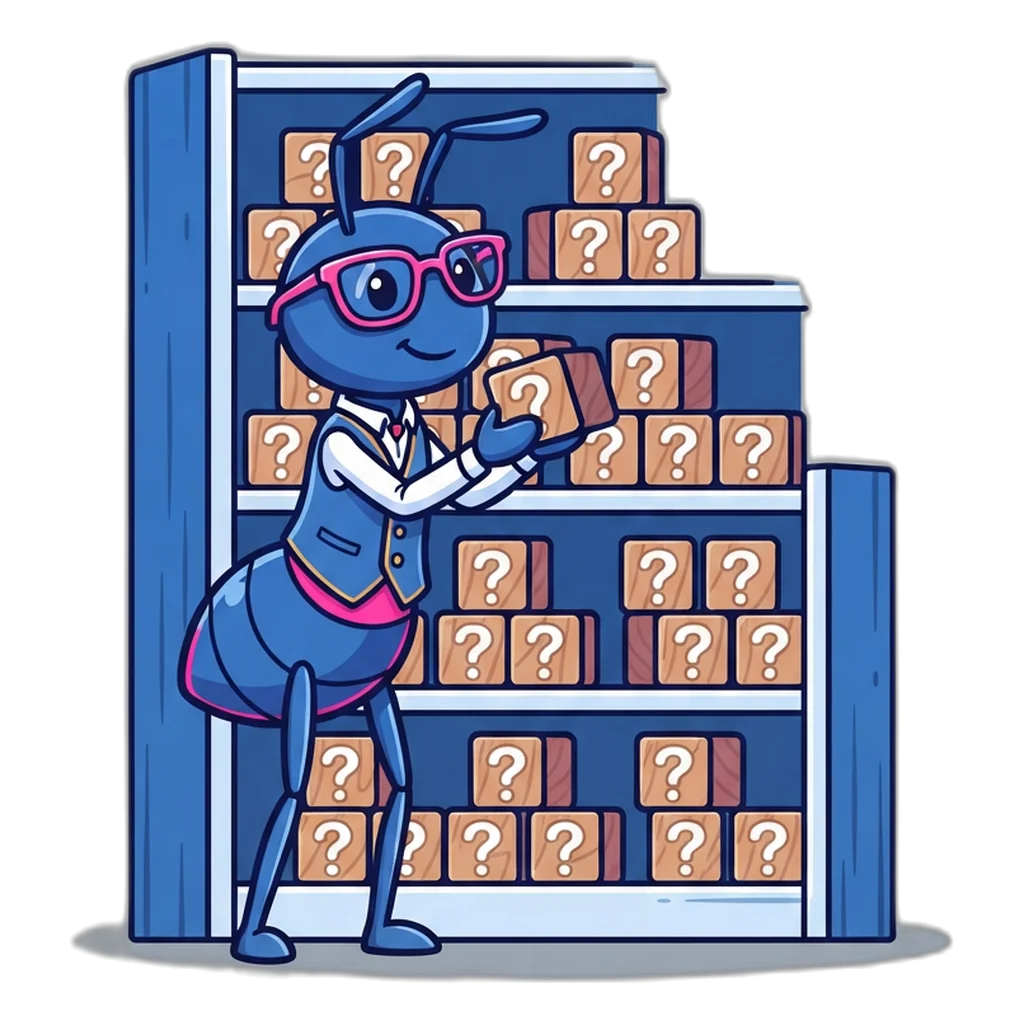 Ant librarian stacking question blocks neatly on tall library shelves