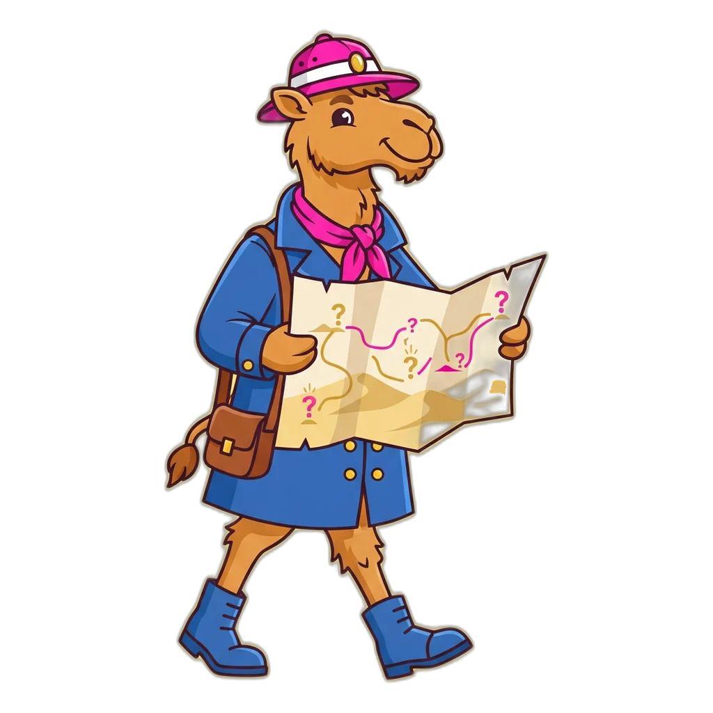 Camel explorer carrying a map dotted with question marks across the dunes