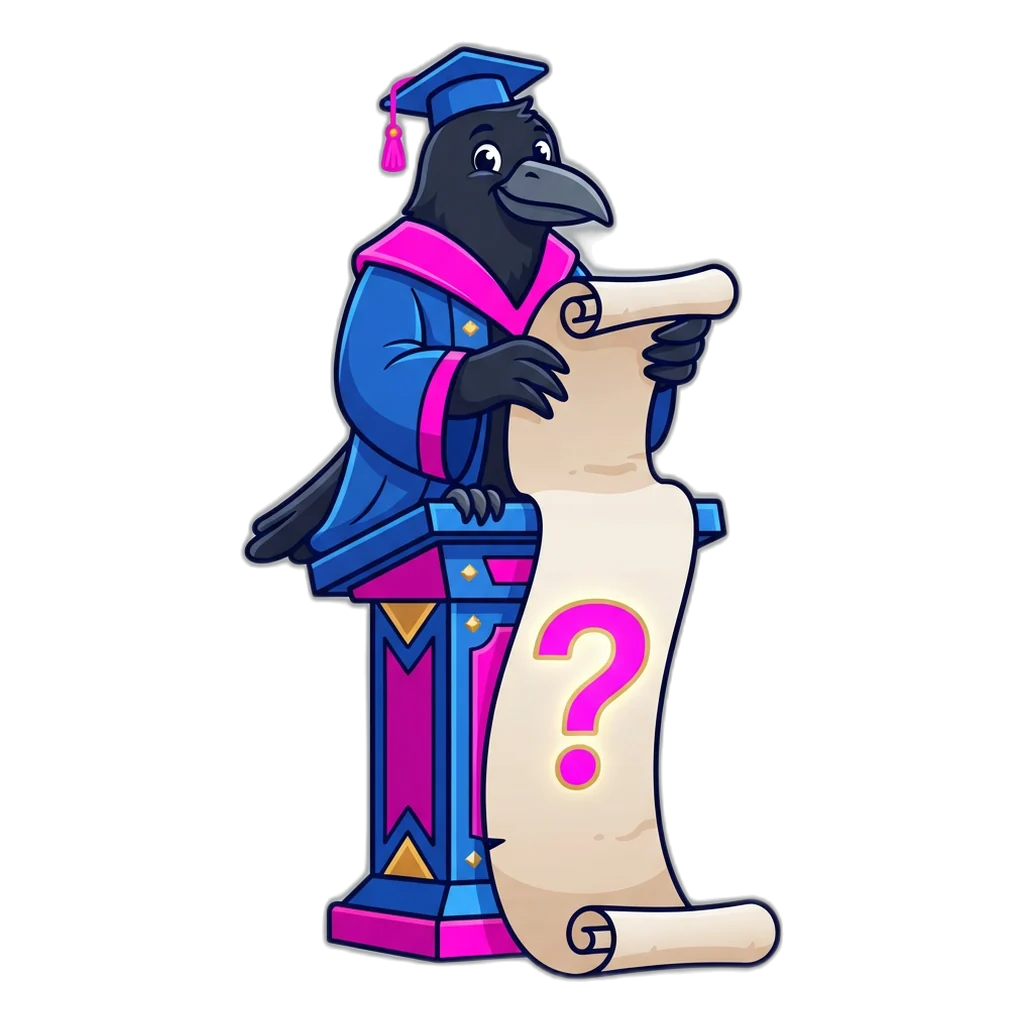 Raven scholar unrolling a question-mark scroll for the 6E Club FAQ