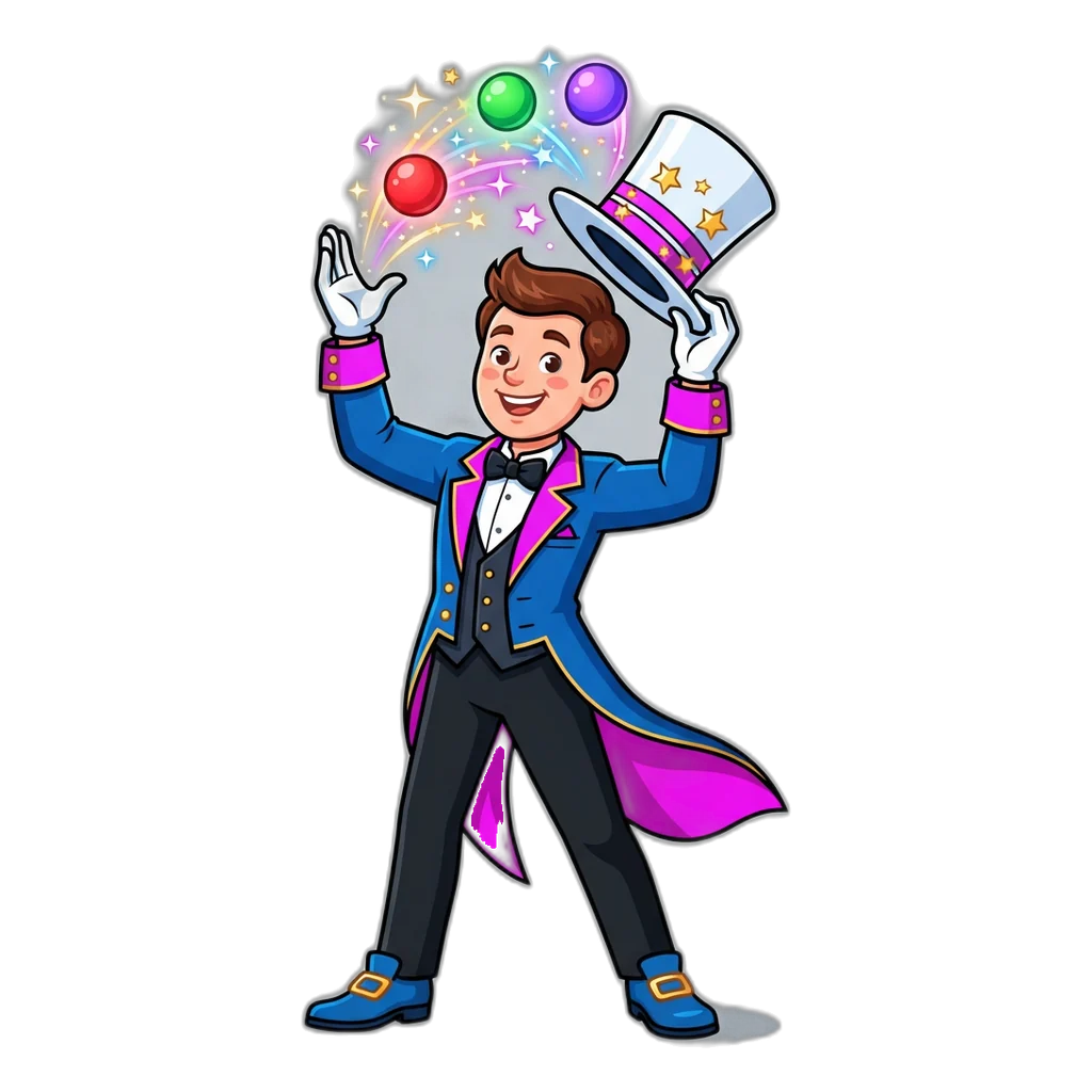 Stage magician pulling red, green and violet balls from a top hat, one for each colour pick