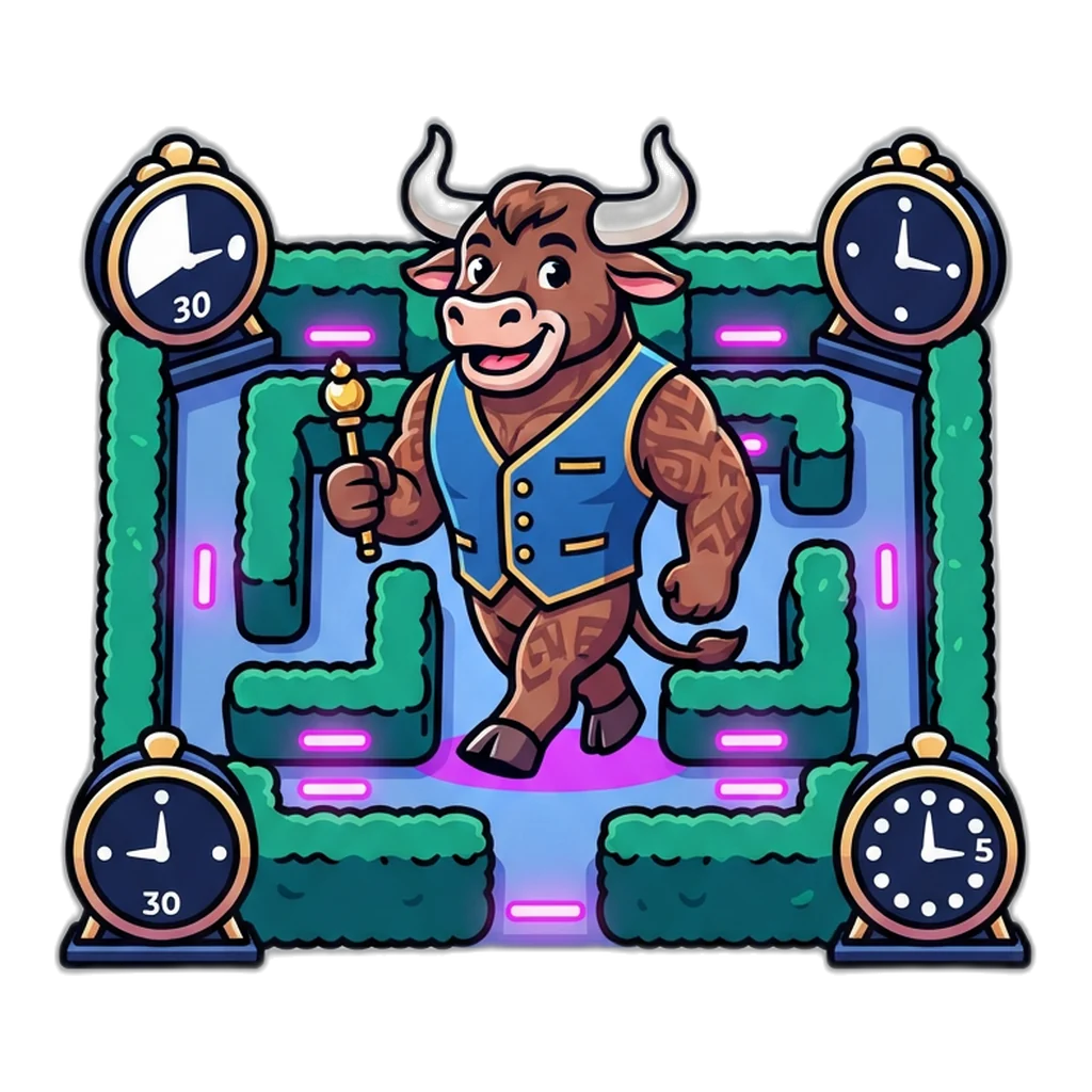 Minotaur walking through a small maze with four clocks, one for each room