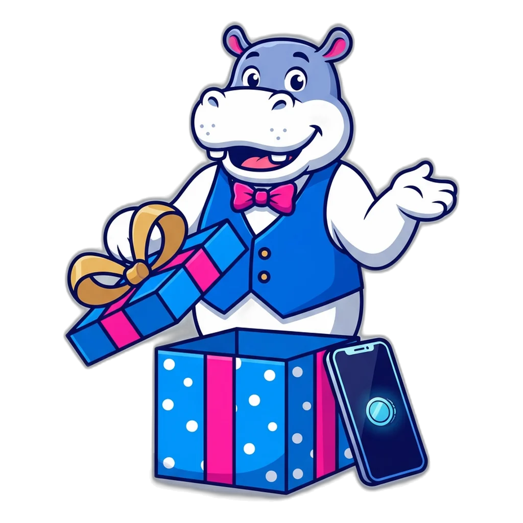 Hippo opening an empty gift box, showing no 6E Club gift code is needed