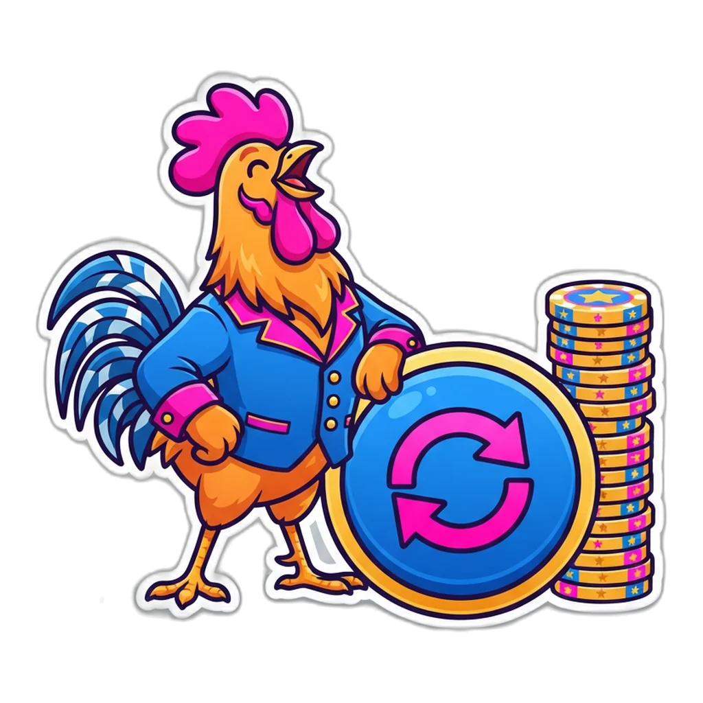 Rooster crowing beside a big coin refill button at sunrise