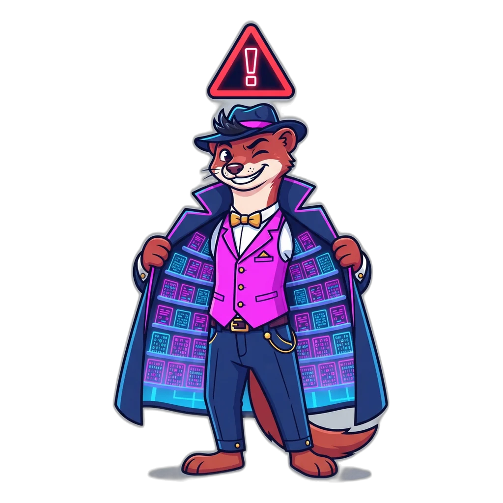 Weasel con artist offering fake code slips from inside his coat, under a warning sign