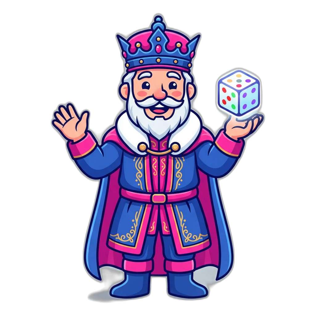 Golden-touch king holding a glowing die with six coloured pips, welcoming players to 6E Club