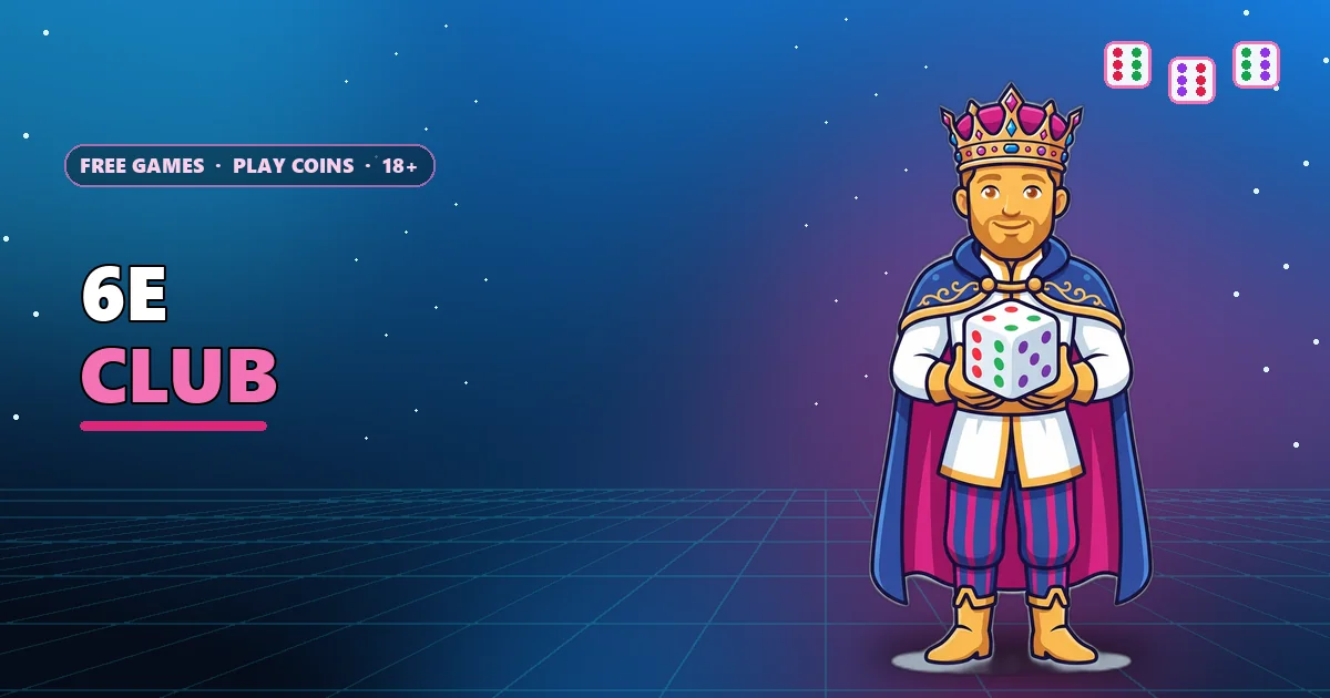 Golden-touch king holding a big die with coloured pips on the 6E Club games banner