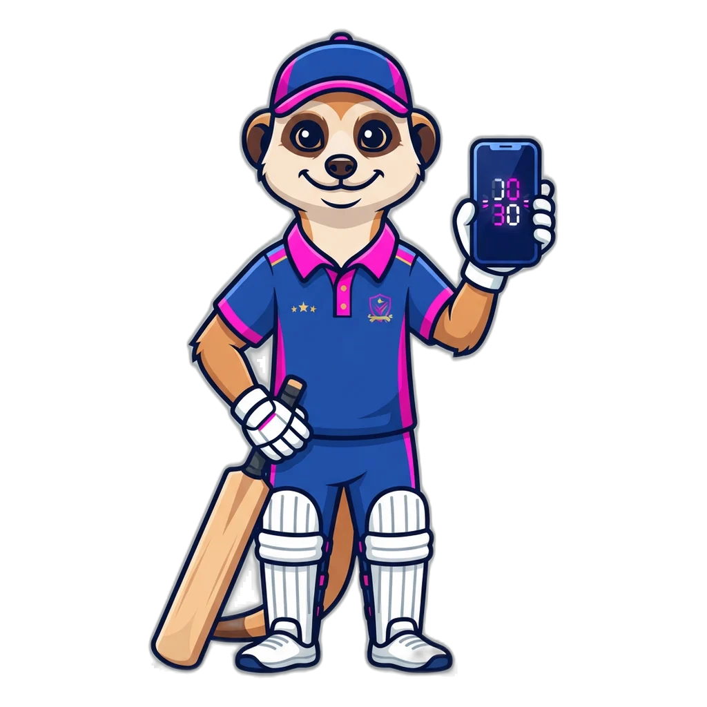 Meerkat cricket captain with a bat, checking the 30-second room on his phone between overs
