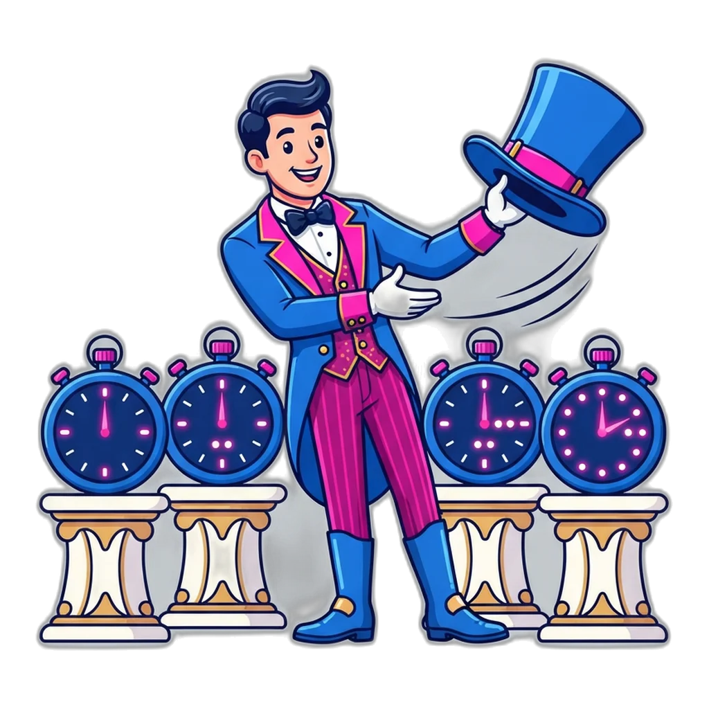 Circus ringmaster showing off four giant countdown clocks, one for each room speed