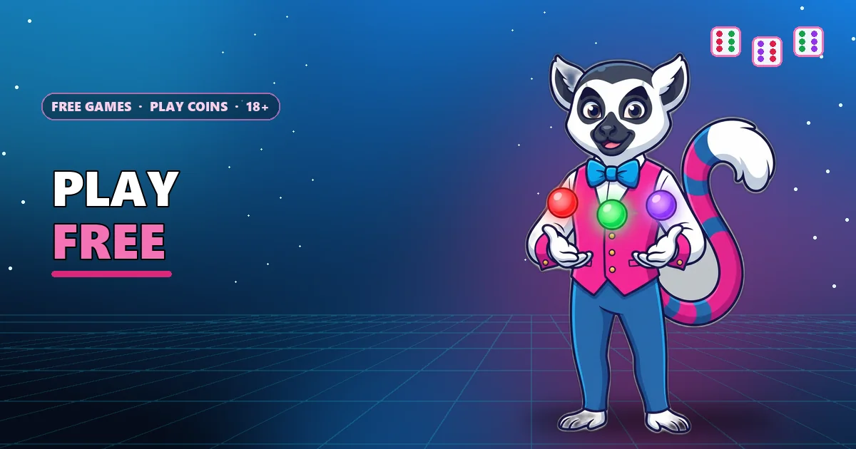 Lemur game host presenting red, green and violet balls for the free 6E Club games