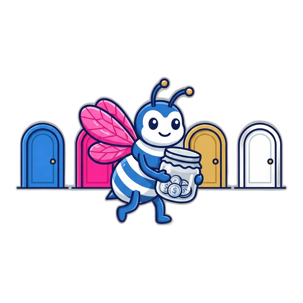 Bee carrying a honey jar full of play coins towards four game room doors