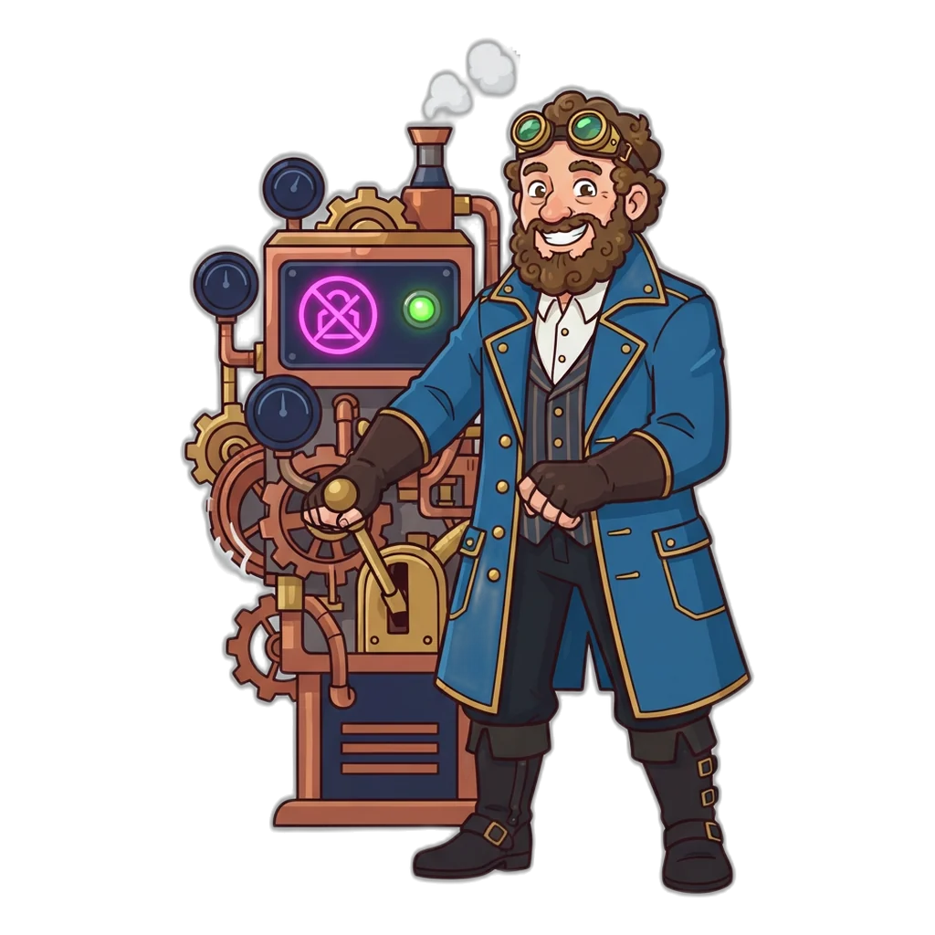 Steampunk inventor pulling the lever on an 18+ check machine with a tick lamp