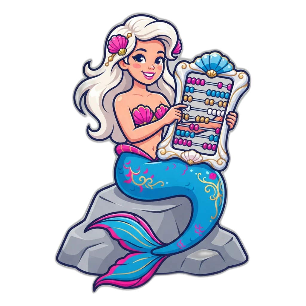 Mermaid counting past digits on a shell abacus with ten rows