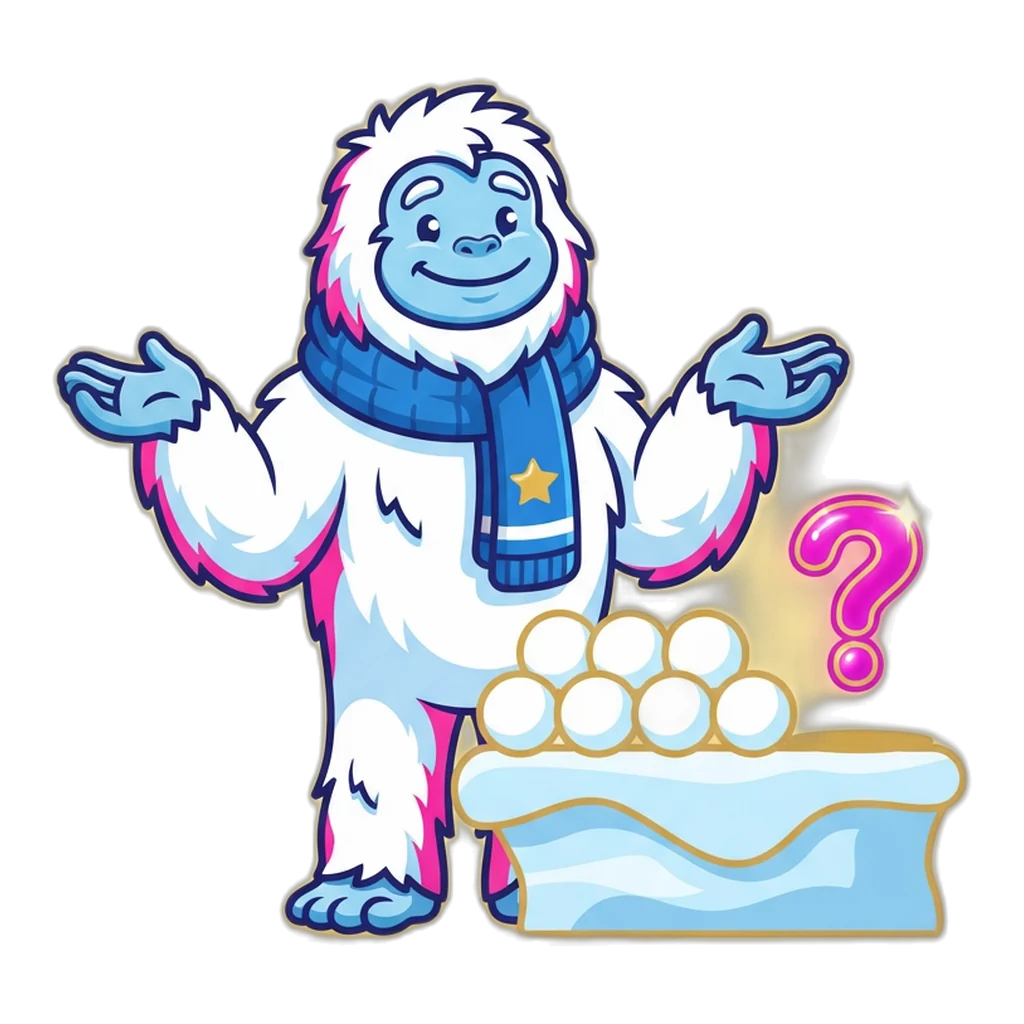 Yeti shrugging beside a line of matching snowballs, unsure what comes next