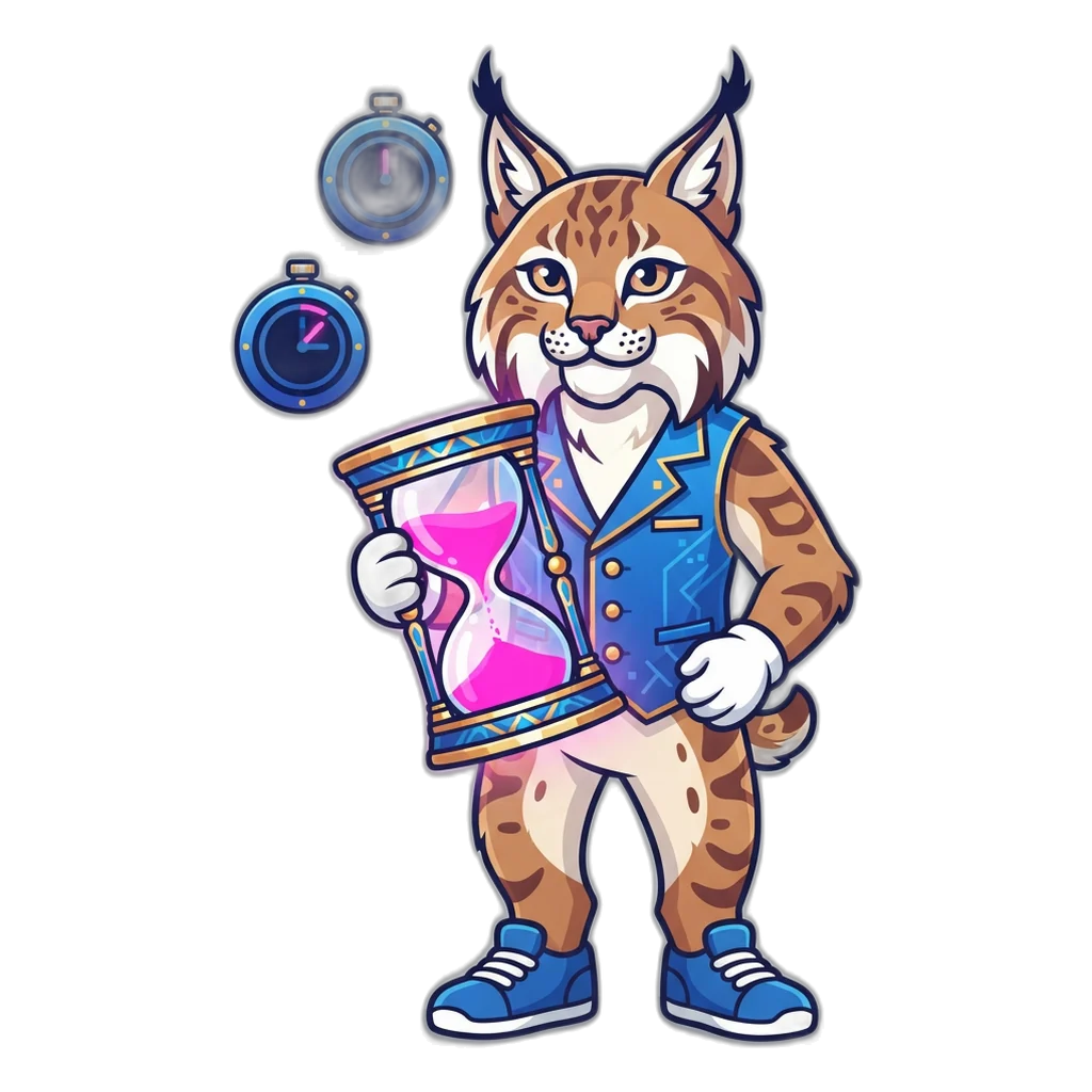 Lynx holding a glowing hourglass beside four room timers, a 6E Club safety reminder