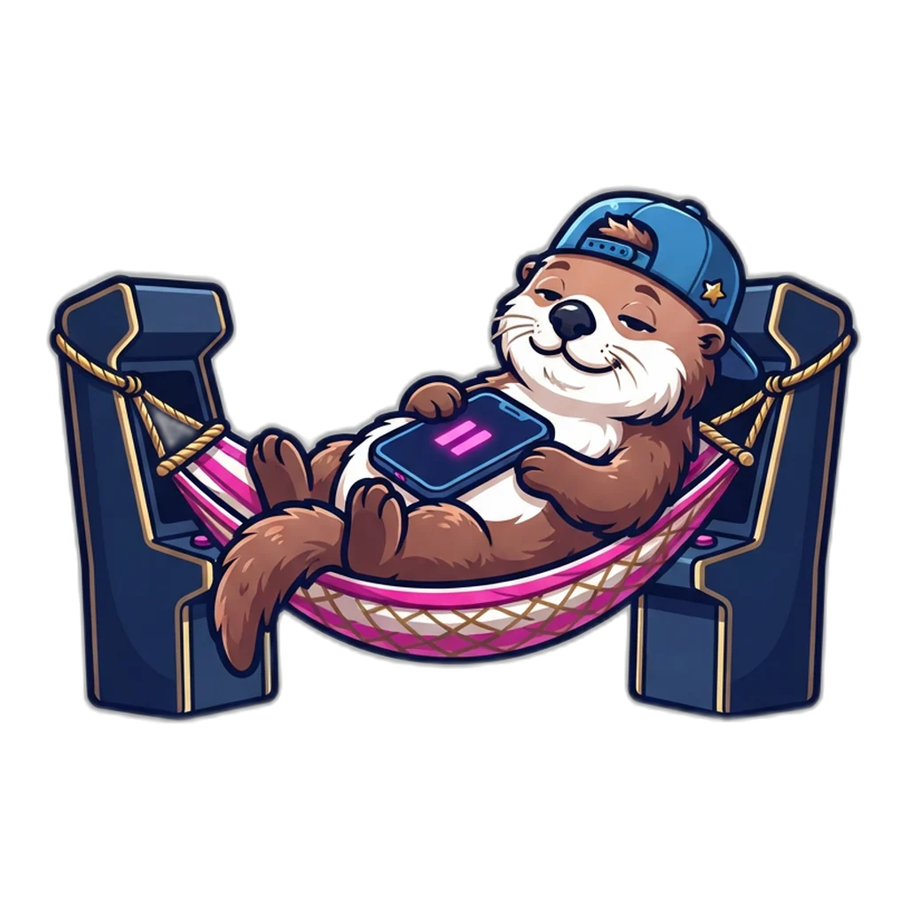 Sea otter resting in a hammock with its phone face-down during a break from play