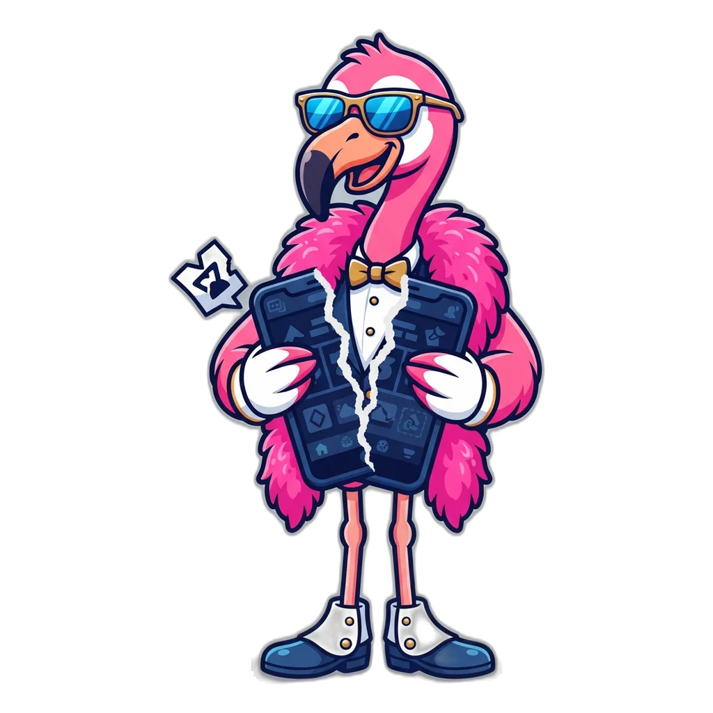 Flamingo holding a torn fake 6E Club withdrawal screenshot with a payout tick
