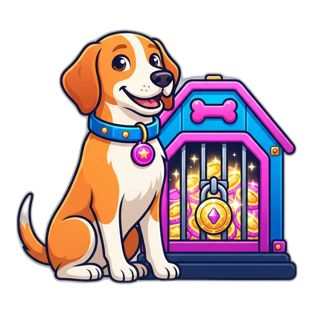 Hound mascot guarding a locked kennel full of play coins that never leave the game